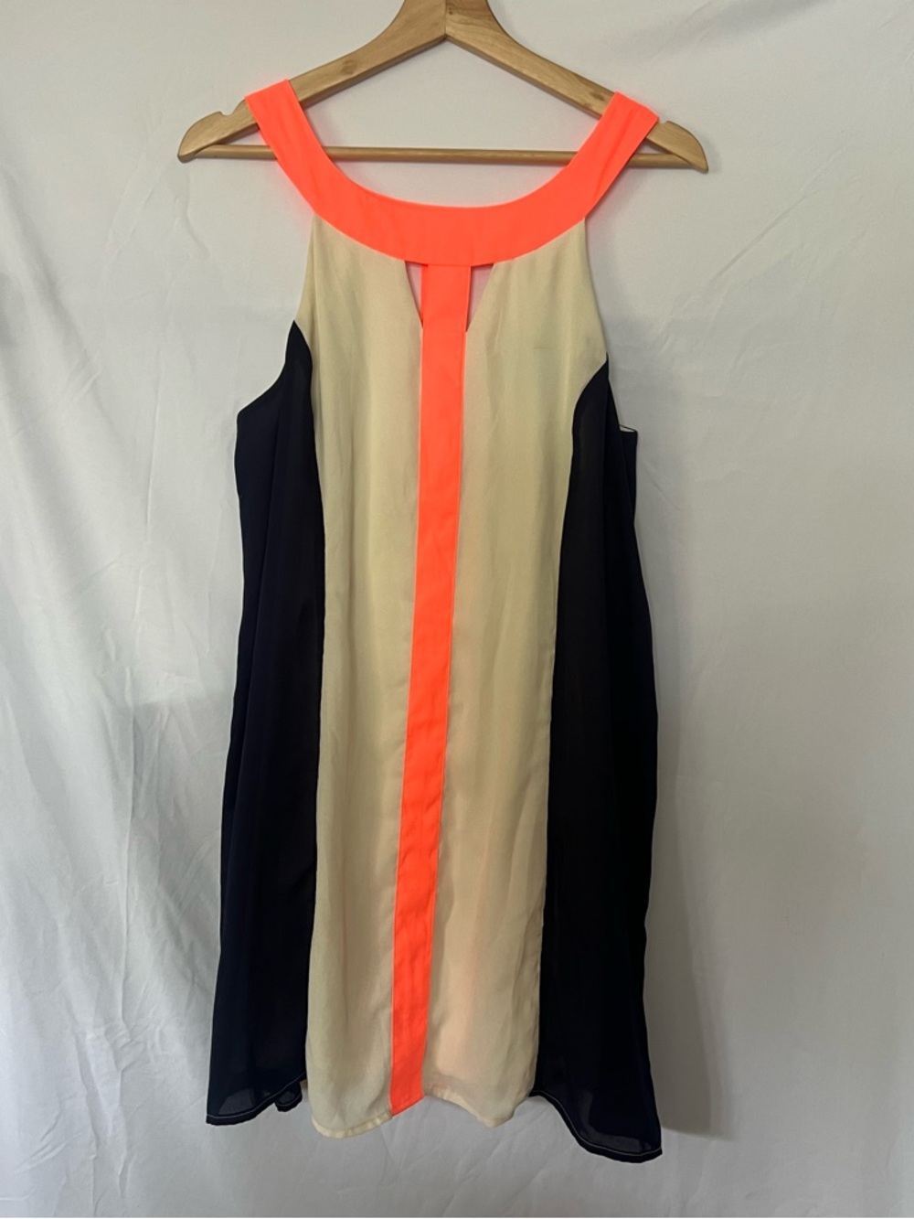 Judith March - Colorblock Neon Trim Dress - Black, Cream & Neon Coral - Size L